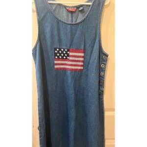 Agopa shin length blue jean dress with stitched American flag embellishments PM